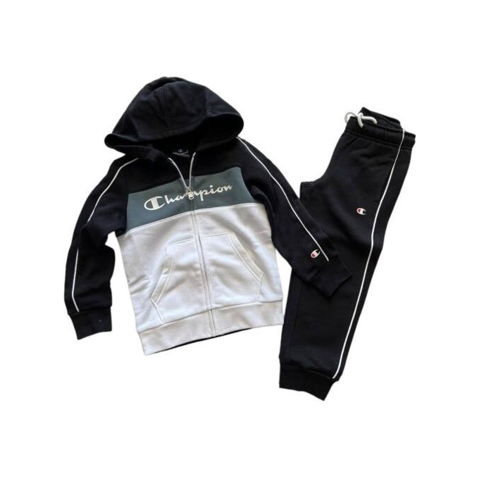 CHÁNDAL CHAMPION HOODED FULL ZIP SUIT NIÑO 306182-KK002  NEGRO Y BLANCO
