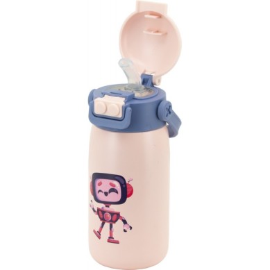 BOTELLA ROBOT ROSA INFANTIL 560 ML PAJITA