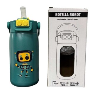 BOTELLA ROBOT VERDE INFANTIL 560 ML PAJITA