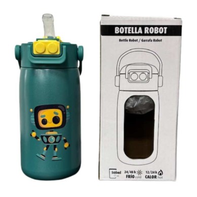 BOTELLA ROBOT VERDE INFANTIL 560 ML PAJITA