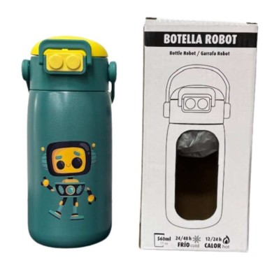 BOTELLA ROBOT VERDE INFANTIL 560 ML PAJITA