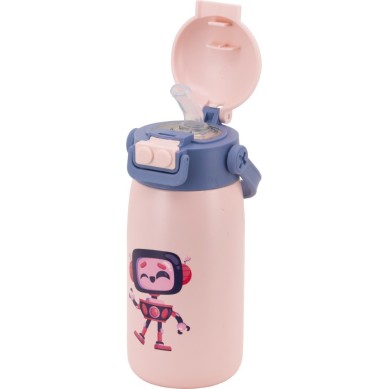 BOTELLA ROBOT ROSA INFANTIL 560 ML PAJITA
